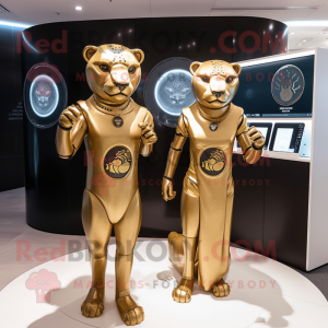 Gold Jaguar mascot costume character dressed with a Empire Waist Dress and Smartwatches