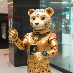 Gold Jaguar mascot costume character dressed with a Empire Waist Dress and Smartwatches