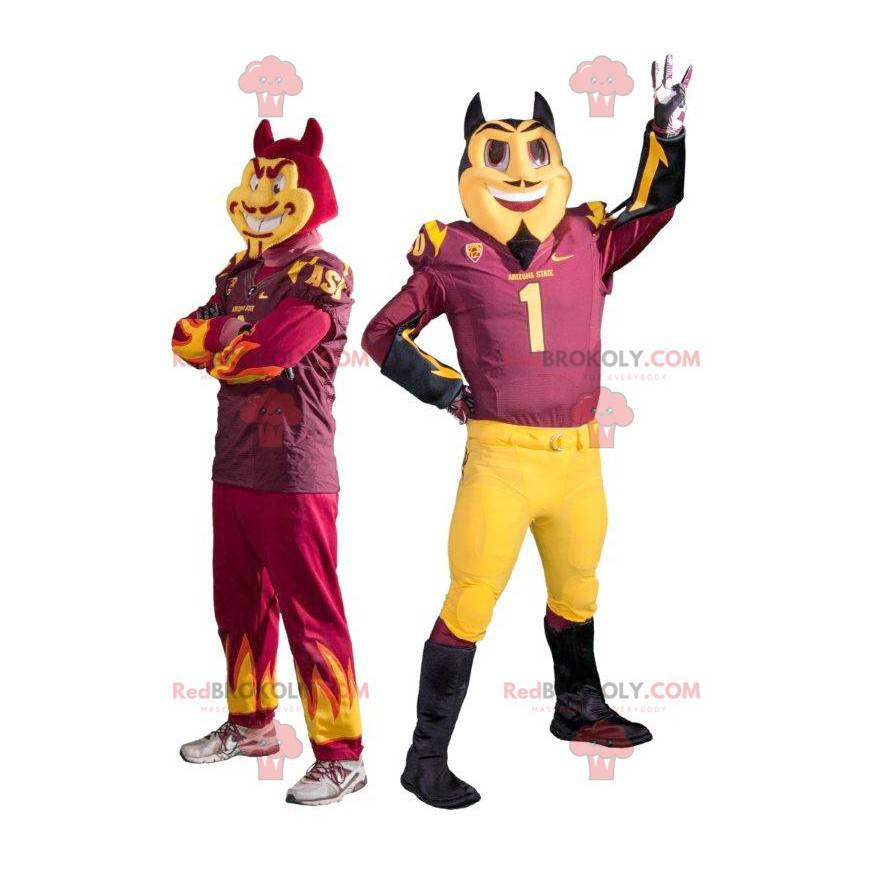 2 mascots of red and black devils looking devilish -