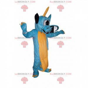 Blaues und gelbes Drachenmaskottchen mit einem Auge -