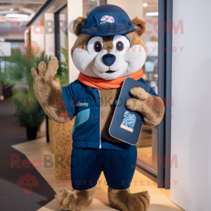 Navy Mongoose mascot costume character dressed with a Board Shorts and Mittens