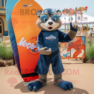Navy Mongoose mascot costume character dressed with a Board Shorts and Mittens