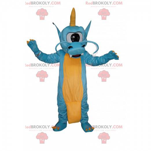 Blaues und gelbes Drachenmaskottchen mit einem Auge -