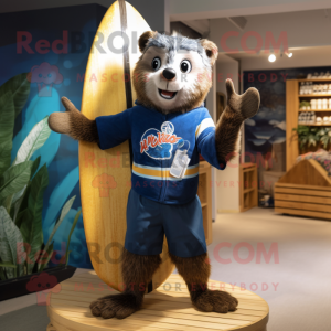 Navy Mongoose mascot costume character dressed with a Board Shorts and Mittens