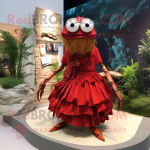 Red Hermit Crab mascot costume character dressed with a Pleated Skirt and Eyeglasses