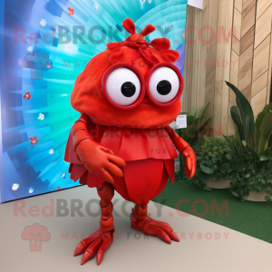 Red Hermit Crab mascot costume character dressed with a Pleated Skirt and Eyeglasses