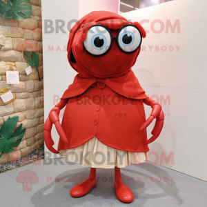 Red Hermit Crab mascot costume character dressed with a Pleated Skirt and Eyeglasses