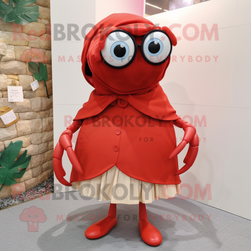 Red Hermit Crab mascot costume character dressed with a Pleated Skirt and Eyeglasses