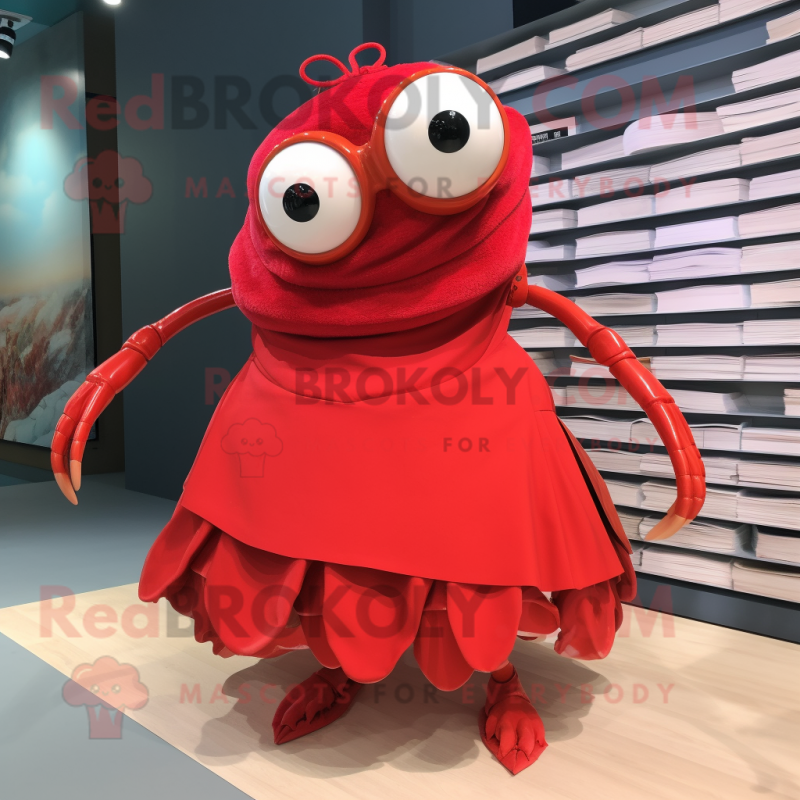 Personaje de disfraz de mascota de cangrejo ermitaño rojo vestido con una  falda plisada y anteojos