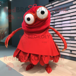 Red Hermit Crab mascot costume character dressed with a Pleated Skirt and Eyeglasses