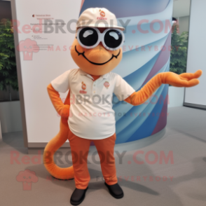 Peach Snake mascot costume character dressed with a Henley Shirt and Eyeglasses