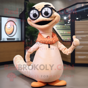 Peach Snake mascot costume character dressed with a Henley Shirt and Eyeglasses