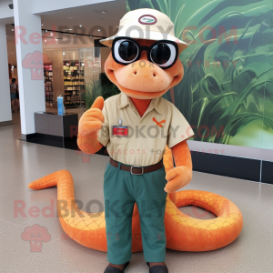 Peach Snake mascot costume character dressed with a Henley Shirt and Eyeglasses