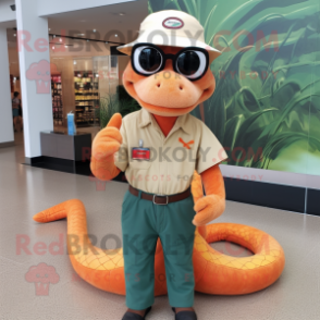 Peach Snake mascot costume character dressed with a Henley Shirt and Eyeglasses