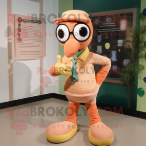 Peach Snake mascot costume character dressed with a Henley Shirt and Eyeglasses