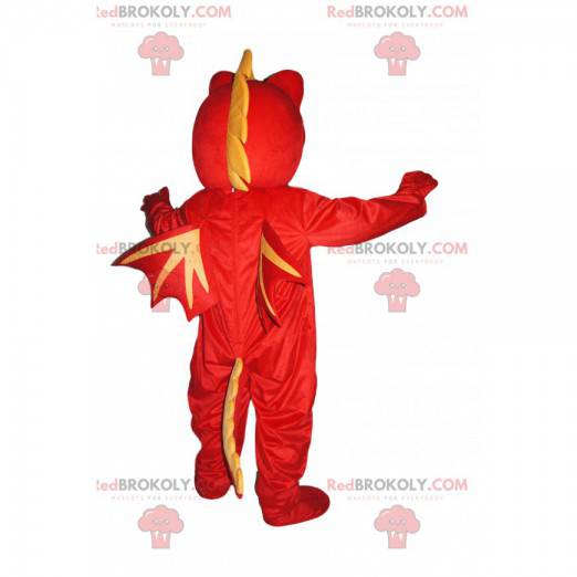 Mascote dragão amarelo e vermelho muito feliz - Redbrokoly.com