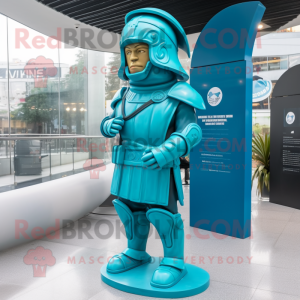 Turquoise Spartan Soldier mascot costume character dressed with a Raincoat and Berets