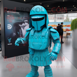 Turquoise Spartan Soldier mascot costume character dressed with a Raincoat and Berets