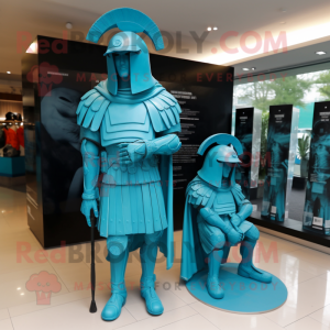 Turquoise Spartan Soldier mascot costume character dressed with a Raincoat and Berets