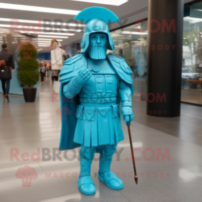 Turquoise Spartan Soldier mascot costume character dressed with a Raincoat and Berets