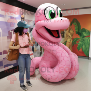 Pink Anaconda mascot costume character dressed with a Mom Jeans and Messenger bags