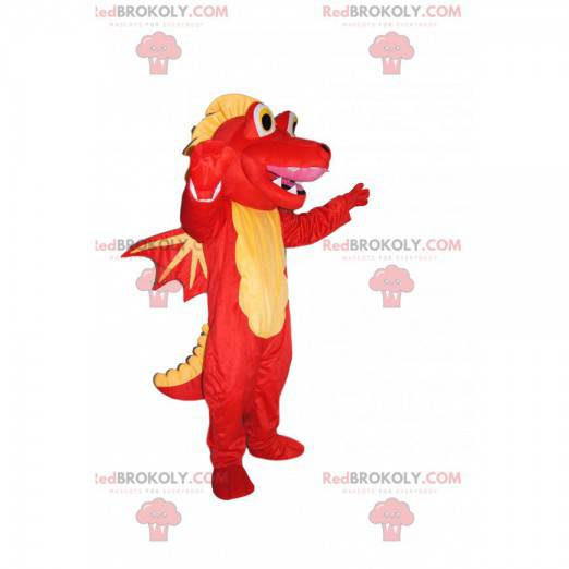 Mascotte de dragon jaune et rouge très heureux - Redbrokoly.com