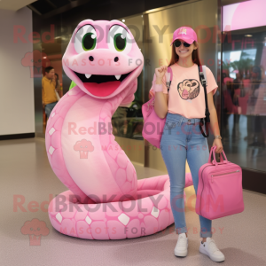 Pink Anaconda mascot costume character dressed with a Mom Jeans and Messenger bags