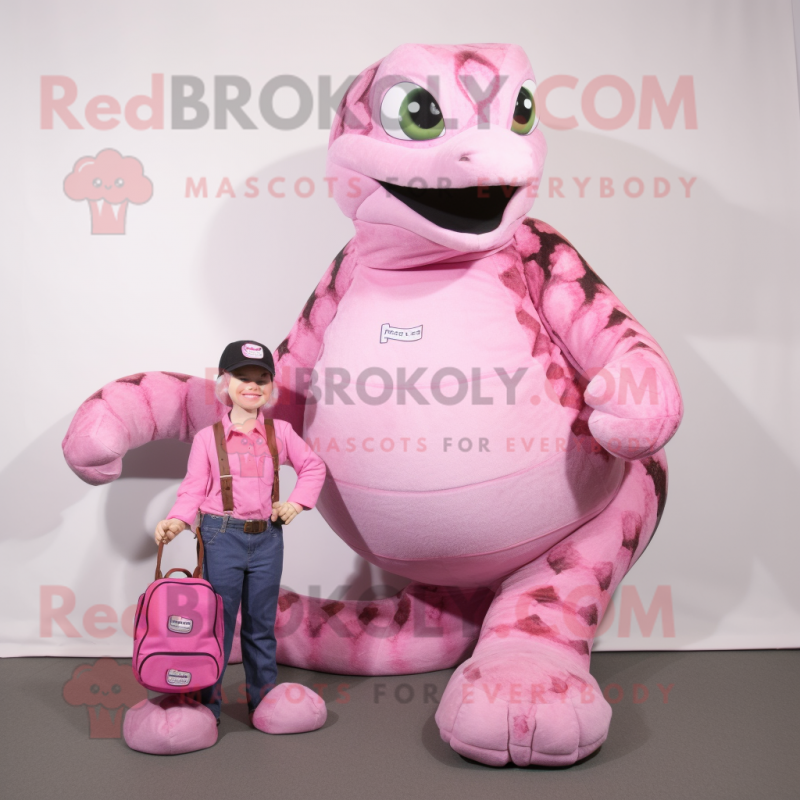 Pink Anaconda mascot costume character dressed with a Mom Jeans and Messenger bags Pink Anaconda mascot costume character dressed with a Mom Jeans and Messenger bags