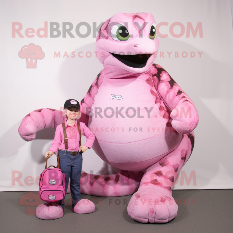 Pink Anaconda mascot costume character dressed with a Mom Jeans and Messenger bags