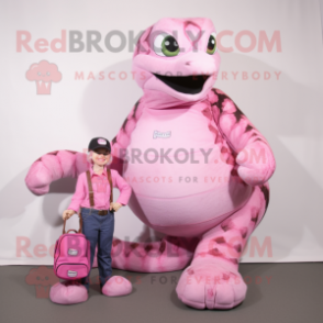 Pink Anaconda mascot costume character dressed with a Mom Jeans and Messenger bags