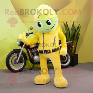 Lemon Yellow Celery mascot costume character dressed with a Biker Jacket and Tie pins