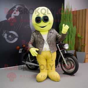 Lemon Yellow Celery mascot costume character dressed with a Biker Jacket and Tie pins