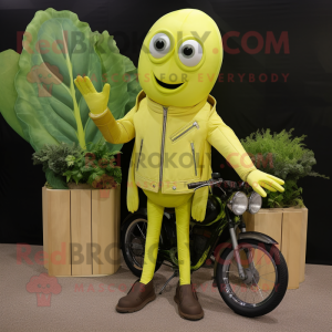 Lemon Yellow Celery mascot costume character dressed with a Biker Jacket and Tie pins