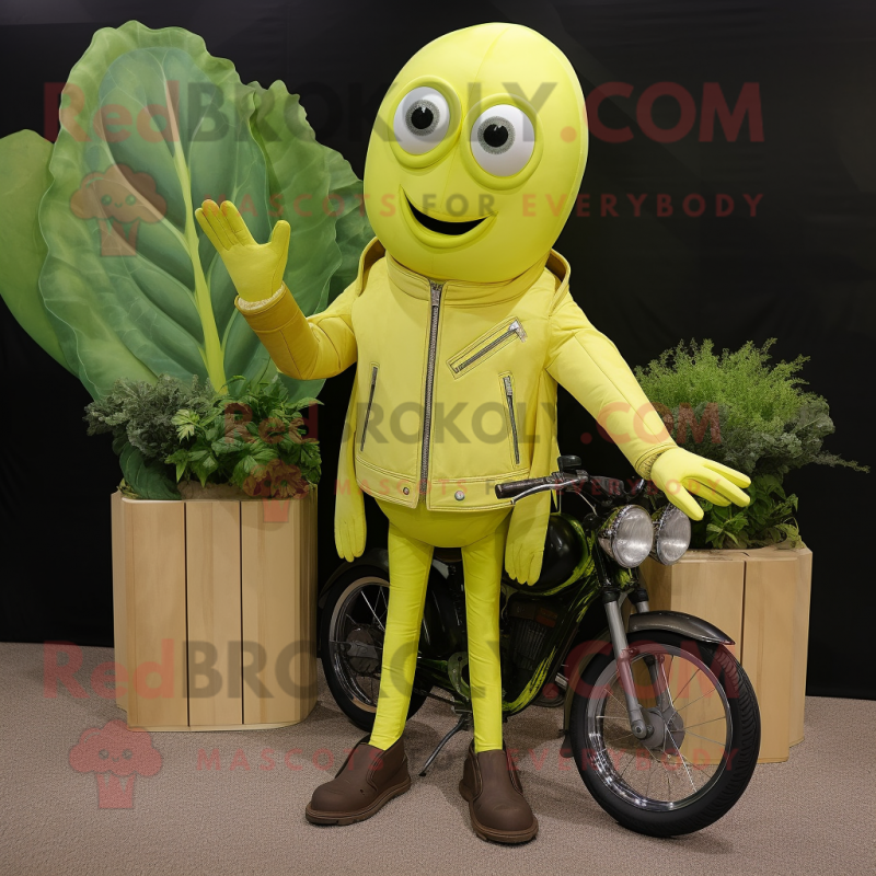 Lemon Yellow Celery mascot costume character dressed with a Biker Jacket and Tie pins Lemon Yellow Celery mascot costume character dressed with a Biker Jacket and Tie pins