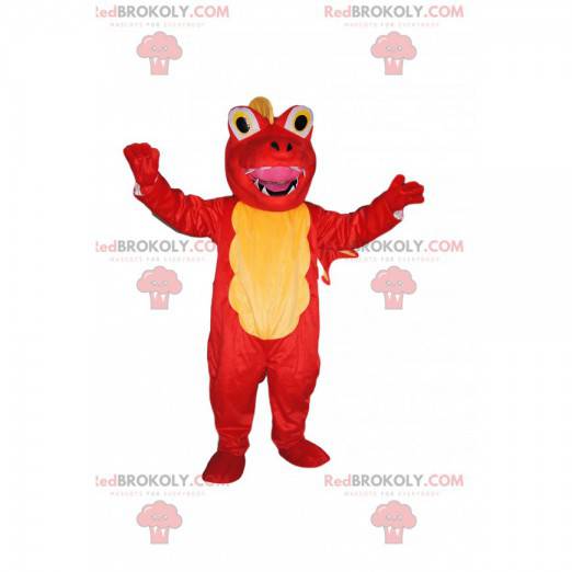 Mascote dragão amarelo e vermelho muito feliz - Redbrokoly.com