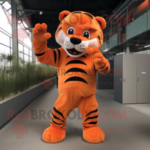 Orange Tiger mascot costume character dressed with a Jumpsuit and Foot pads