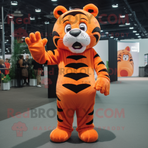 Orange Tiger mascot costume character dressed with a Jumpsuit and Foot pads