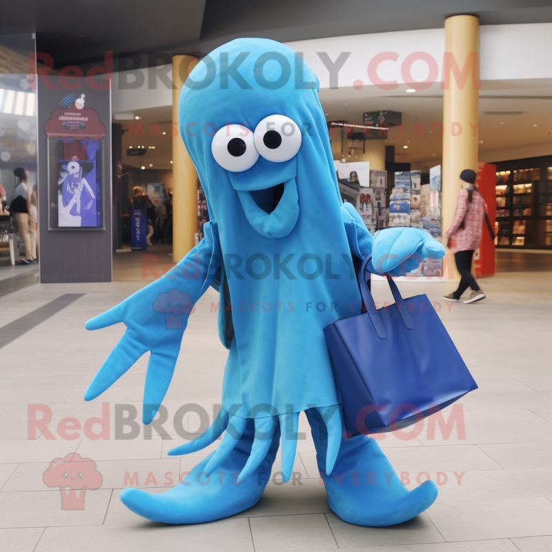 Blue Squid mascot costume character dressed with a Trousers and Tote bags Blue Squid mascot costume character dressed with a Trousers and Tote bags