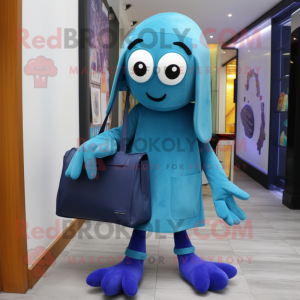 Blue Squid mascot costume character dressed with a Trousers and Tote bags