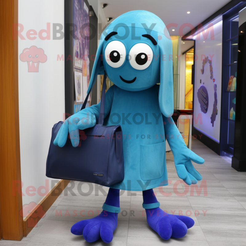 Blue Squid mascot costume character dressed with a Trousers and Tote bags Blue Squid mascot costume character dressed with a Trousers and Tote bags