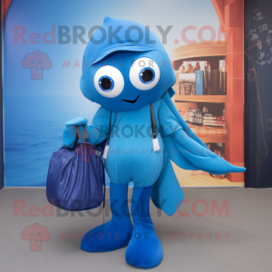 Blue Squid mascot costume character dressed with a Trousers and Tote bags