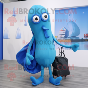 Blue Squid mascot costume character dressed with a Trousers and Tote bags