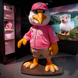 Pink Albatross mascot costume character dressed with a Rugby Shirt and Berets