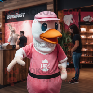 Pink Albatross mascot costume character dressed with a Rugby Shirt and Berets