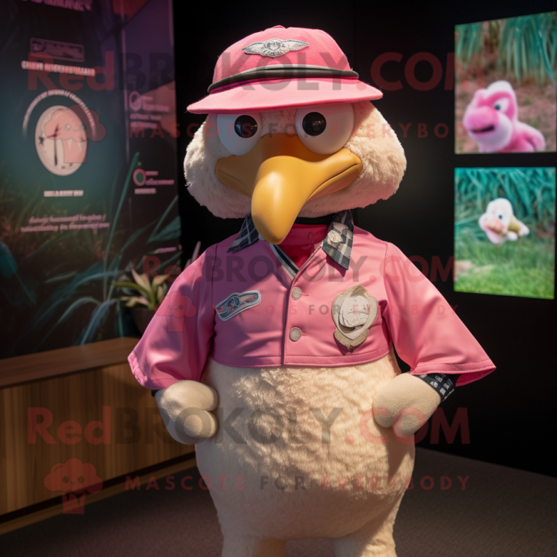 Pink Albatross mascot costume character dressed with a Rugby Shirt and Berets