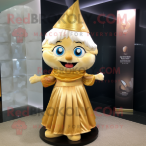Gold Hourglass mascot costume character dressed with a Pleated Skirt and Scarves