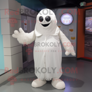 White But mascot costume character dressed with a Jumpsuit and Shawl pins