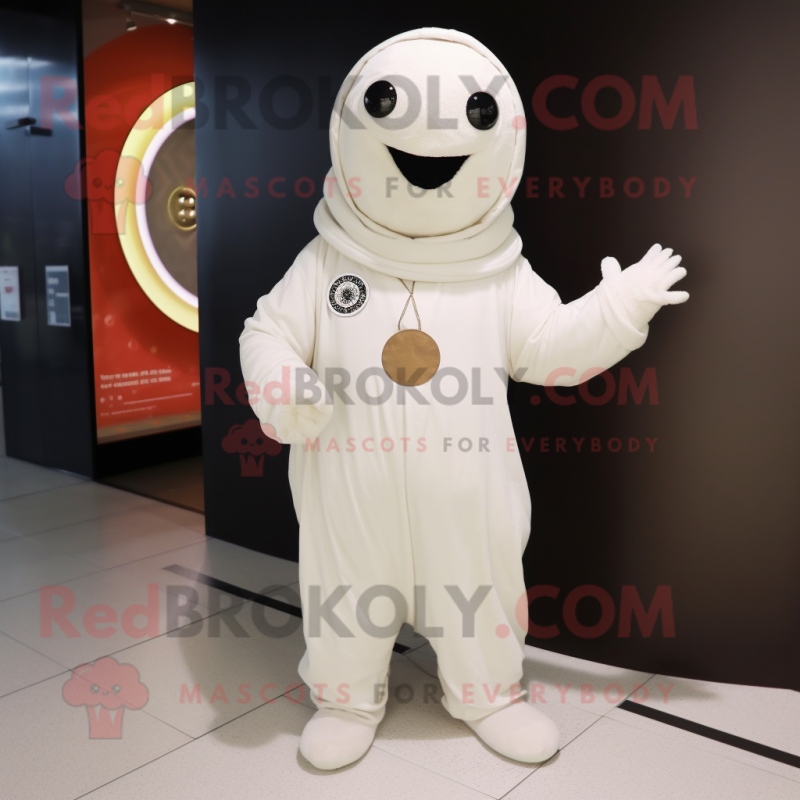 White But mascot costume character dressed with a Jumpsuit and Shawl pins