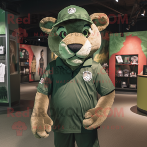 Forest Green Puma mascot costume character dressed with a Henley Tee and Caps