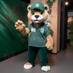 Forest Green Puma mascot costume character dressed with a Henley Tee and Caps